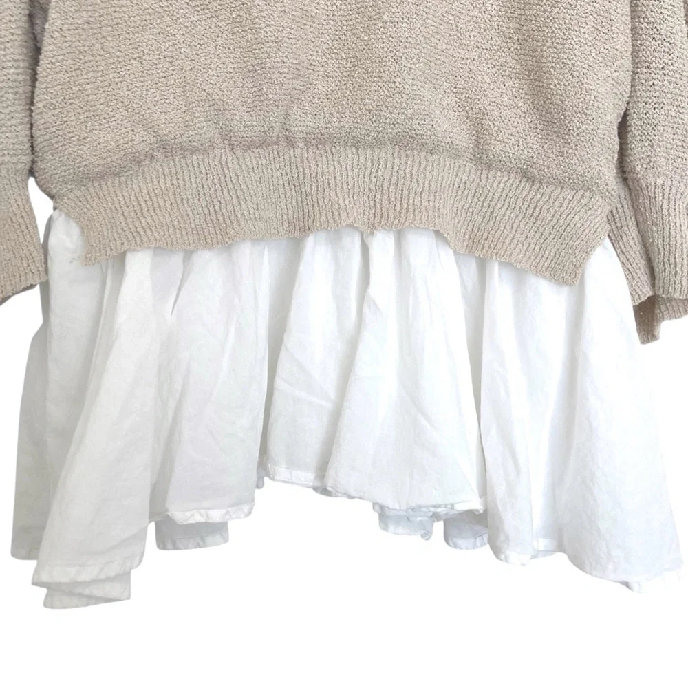 EN SAISON Mixed Media Puff Sleeve Top in Natural